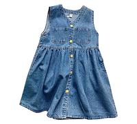 Robe en jean bleue sans manches avec poches et col en V pour petites filles - Style décontracté vintage - Jupe d'école, vacances quotidiennes