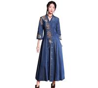 Robe en Jean Brodée Vintage Style Chinois Élégante Col en V Manches 3/4 Boutons Grande Balançoire Rétro Robe en Jean pour Femmes (Color : Blue, Size : 3XL)