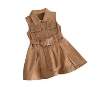 Robe en jean décontractée sans manches pour fille avec poches et ceinture, café, 5-6 ans
