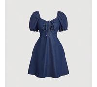Robe en jean grande taille, manches bouffantes douces, coupe ample, robe bleue, robe avec nœud, robes d'automne pour femmes, tenues de croisière pour femmes, robe de bal, robe de témoin de mariage d'a