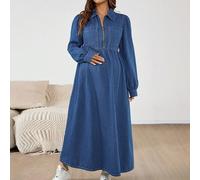 Robe en jean longue zippée de maternité. Robe midi en jean avec fermeture éclair à l'avant, manches longues et col. Coupe confortable pour un port quotidien. Robe de maternité de Noël au style mignon 