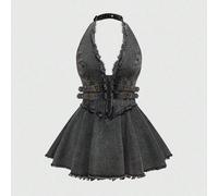 Robe en jean mini pour femmes de grande taille avec épaules dénudées, ourlet à volants, délavée et effilochée dans un style Y2K 0XL,1XL,2XL,3XL,4XLUnicoloreJean