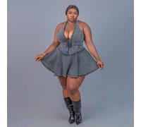 Robe en jean mini pour femmes de grande taille, style Y2K, délavée, effilochée et déchirée avec ourlet brut. Convient aux formes en sablier 0XL,1XL,2XL,3XL,4XLUnicoloreJean