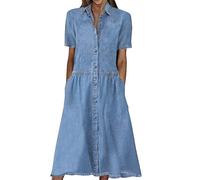 Robe en jean pour femme à manches courtes - Élégante - Style vintage - Robe d'été décontractée - Robe midi à bretelles - Jupe porte-jarretelles - Boutonnière - Robe courte tendance avec poche plaquée