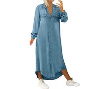 Robe en jean pour femme - Longue - Manches longues - Décontractée - Col en V - Tunique - Chemise - Robe chemisier, robe en jean - Robe décontractée, bleu clair, XL