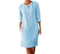 Robe en jean pour femme, robe chemise boutonnée, grande taille, col rond, manches longues, robe ample décontractée avec deux poches, robes longues pour personnes âgées, bleu clair, XL