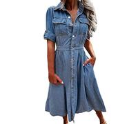 Robe en jean pour femme - Robe midi à manches mi-longues boutonnées - Bleu délavé - Plusieurs poches - Robe d'été décontractée - Taille haute - Vintage - Taille S à 3XL, bleu, L
