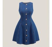 Robe en jean sans manches à encolure ronde et boutonnage simple pour femmes grandes tailles. Robe en jean évasée avec détails de boutons dorés. Robe d'été, robe de Saint-Valentin, robe de mariage, rob