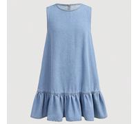 Robe en jean sans manches à volants, à dos ouvert et à boutons, lavage clair, pour filles préadolescentes, adaptée aux voyages quotidiens, aux sorties, à la maison, aux brunchs, aux thés, aux trajets,