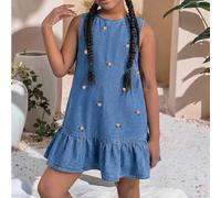 Robe en jean sans manches pour filles pré-adolescentes, style délavé, avec boutons au dos et volants à l'ourlet. Convient pour les voyages quotidiens, les sorties, la maison, les brunchs, les thés, le