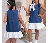 Robe en jean sans manches pour filles pré-adolescentes, style délavé, avec boutons au dos et volants à l'ourlet. Convient pour les voyages quotidiens, les sorties, la maison, les brunchs, les thés, le