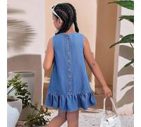 Robe en jean sans manches pour filles pré-adolescentes, style délavé, avec boutons au dos et volants à l'ourlet. Convient pour les voyages quotidiens, les sorties, la maison, les brunchs, les thés, le