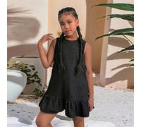 Robe en jean sans manches pour filles pré-adolescentes, style délavé, avec boutons au dos et volants à l'ourlet. Convient pour les voyages quotidiens, les sorties, la maison, les brunchs, les thés, le