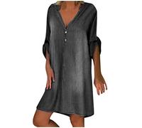 Robe en Jeans Femme Grande Taille, Robe éTé Femme à Revers,Robe Chemise Femme Courte Loose DéContractéS Jean Dress Manches Courtes De Mode avec Boutons Col V Ete Robes pour Vacances à La Plage