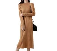 Robe en laine tricotée au-dessus du genou pour femme - Col montant - Manches longues - Jupe longue - Taille empire, Golden Lighttan, XL