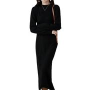 Robe en laine tricotée au-dessus du genou pour femme - Col montant - Manches longues - Jupe longue - Taille empire, Noir , M