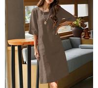 Robe en lin de couleur unie pour femmes, convenant au printemps et à l'été - Coupe ample et confortable, robe mi-longue/courte/longueur genou avec poches, à la mode et élégante, polyvalente pour la ma