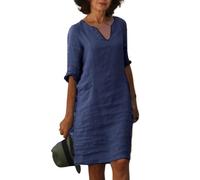 Robe en lin femme été elegante col v robe droite chic et elegant manche 3/4 grande taille ample robes de plage ete coton mi longue longueur genoux couleur unie Pour Fêter Vacances à (Dark Blue, XL)