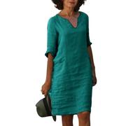 Robe en lin femme été elegante col v robe droite chic et elegant manche 3/4 grande taille ample robes de plage ete coton mi longue longueur genoux couleur unie Pour Fêter Vacances à la (Green, XL)