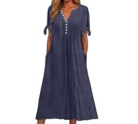 Robe en Lin Femme Longue Grande Taille Tunique Tailleur De Plage Gaze Coton Made in Italy Été Fluide Mi Chic Et Elegant Chemise Trapeze Ete Qui Cache Le Ventre Robes Femmes D Courte,Marine-D,M