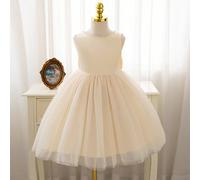 Robe en mesh avec perles et nœud papillon, sans manches, de couleur abricot. Convient pour les banquets formels, les anniversaires, les représentations en été 6Y,7Y,8Y,4Y,5YPolyester