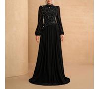 Robe en mousseline de soie à perles florales 3D, manches longues col montant, robe de thé élégante, convient pour les invités de mariage, la cérémonie de remise des diplômes, les concerts, les banquet