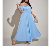 Robe en mousseline de soie bleu clair à épaules dénudées pour femmes grandes tailles, tenue d'invitée de mariage printemps/été, tenue de fête de la mariée 0XL,1XL,2XL,3XL,4XLUnicoloreÉtoffe