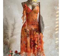 Robe en mousseline de soie brillante avec imprimé animal tie-dye, méduses à volants et fleurs 3D, style bohème rétro de vacances L,M,S,XL,XS,XXL,XXS,XXXL,XXXXLImprimés aléatoiresTissu tissé