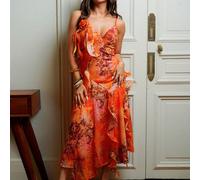 Robe en mousseline de soie brillante avec imprimé animal tie-dye, méduses à volants et fleurs 3D, style bohème rétro de vacances L,M,S,XSImprimés aléatoiresTissu tissé