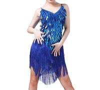 Robe en Mousseline de soie Franges et Paillettes, Robe de Haute qualité, Robe de Danse, Robe avec Paillettes, Robe de Bal pour Fêtes, Petite Robe de Fille 17 Ans, bleu, Taille unique