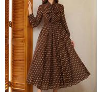 Robe en mousseline de soie vintage élégante avec imprimé pois, col nœud, manches longues, taille froncée, jupe plissée, légère, convenant pour le bureau, les affaires, le thé de l'après-midi, les évén