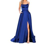 Robe en satin pour femme élégante - Longue robe de soirée élégante pour mariage - Longue robe de cocktail en satin - Sans volants - Robe spaghetti avec fente, bleu marine, M