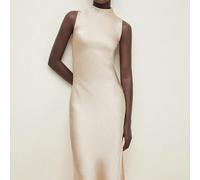 Robe en satin sans manches couleur champagne avec col Mao, chic et élégante pour les déplacements urbains, le port quotidien, le style rétro romantique des années 90. Convient pour Noël, le Nouvel An,