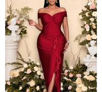 Robe en tricot à grande taille, avec une épaule dénudée, un empiècement froncé, une fente sur le côté et une décoration de volants, en rouge vin, pour les fêtes et les mariages, pour le printemps et l
