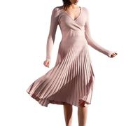 Robe en Tricot à Manches Longues pour Femme, Robe Pull mi-Longue Portefeuille, col en V, plissée, Coupe trapèze, évasée, élégante, Longue