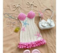 Robe en tricot à volants doubles avec décoration d'étoile de mer pêche, grande taille, convient pour les vacances, les rendez-vous, le thé de l'après-midi, la plage, les croisières, les voyages en vil