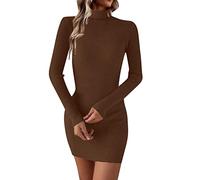 Robe en tricot courte - Robe pull à manches longues - Mini robe sexy slim fit moulante col haut - Couleur unie - Coton - Robe pull d'automne - Mini robe fourreau - Robe femme, café, S