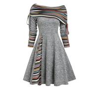Robe en tricot élégante à manches longues pour femme - Robe de fête chaude - Tunique décontractée - Col cintré - Rayures évasées - Robe de fête - Robe d'automne - Robe de soirée - Style ethnique