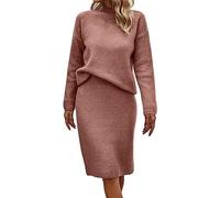 Robe en Tricot Femme 2 Pièces Ensembles Uni Manches Longues Pullover Haut et Jupe Tricoté Pull à Col Roulé Robe Tricotée Outfit Aotumne Hiver Midi Robe Mode