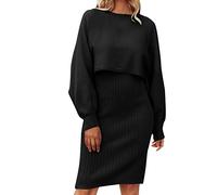 Robe en Tricot Femme 2 Pièces Ensembles Uni Manches Longues Pullover Haut et Jupe Tricoté Pull à Col Roulé Robe Tricotée Outfit Automne Et Hiver Midi Robe Loisir