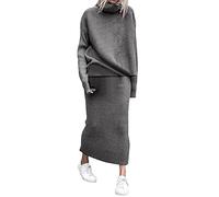 Robe en Tricot Femme 2 Pièces Ensembles Uni Manches Longues Pullover Haut et Jupe Tricoté Pull à Col Roulé Robe Tricotée SurvêTements Automne Et Hiver Midi Robe Loisir