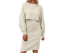 Robe en Tricot Femme 2 Pièces Ensembles Uni Manches Longues Pullover Haut et Jupe Tricoté Pull à Col Roulé Robe Tricotée Outfit Automne Et Hiver Midi Robe Loisir