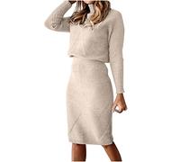 Robe en Tricot Femme 2 Pièces Ensembles Uni Manches Longues Pullover Haut et Jupe Tricoté Pull à Col Roulé Robe Tricotée ÉléganteRobe en Laine Automne et Hiver