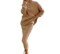 Robe en Tricot Femme 2 Pièces Ensembles Uni Manches Longues Pullover Haut et Jupe Tricoté Pull à Col Roulé Robe Tricotée Combinaisons Aotumne Hiver Midi Robe Chaude