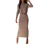Robe en Tricot Femme 2 Pièces Ensembles Uni Manches Longues Pullover Haut et Jupe Tricoté Pull à Col Roulé Robe Tricotée Loungewear Aotumne Hiver Midi Robe Loisirs