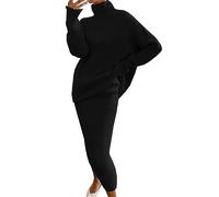 Robe en Tricot Femme 2 Pièces Ensembles Uni Manches Longues Pullover Haut et Jupe Tricoté Pull à Col Roulé Robe Tricotée Combinaisons Aotumne Hiver Midi Robe Chaude