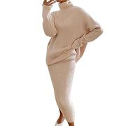 Robe en Tricot Femme 2 Pièces Ensembles Uni Manches Longues Pullover Haut et Jupe Tricoté Pull à Col Roulé Robe Tricotée Outfit Automne Et Hiver Midi Robe 2 pièces