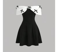 Robe en tricot noire et blanche avec épaules dénudées et nœud surdimensionné, robe de cocktail élégante et mini pour fête, robe de princesse pour fille pour fête, anniversaire, demoiselle d'honneur, m