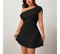 Robe en tricot plissée à épaules dénudées asymétriques, manches courtes, grande taille, printemps/été, élégante, décontractée et polyvalente, robe de soirée, robe à une épaule, robe noire, robe courte