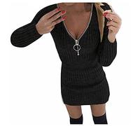 Robe en tricot pour femme - Hiver - Sexy - Couleur unie - Col en V - Fermeture éclair - Pull en tricot - Robe de soirée élégante - Mini robe moulante - Robe pull - Robe d'hiver pour femme - Manches